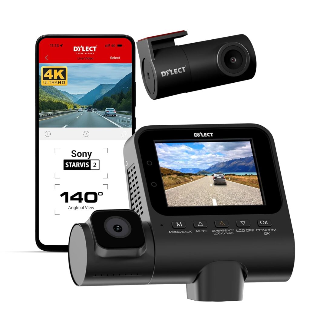 Dylect® Sense 4K Ultra 3 Channel Dash Cam with Sony STARVIS 2, 4K Front + 1080p Rear + Cabin, GPS, Night Vision, Wi-Fi, 140° Wide Angle, Loop Recording, 2.4” IPS, Supports 1TB
